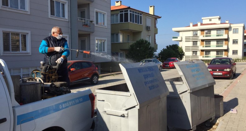 Ayvalık’ta çam ağaçları ve çöp konteynerleri ilaçlandı